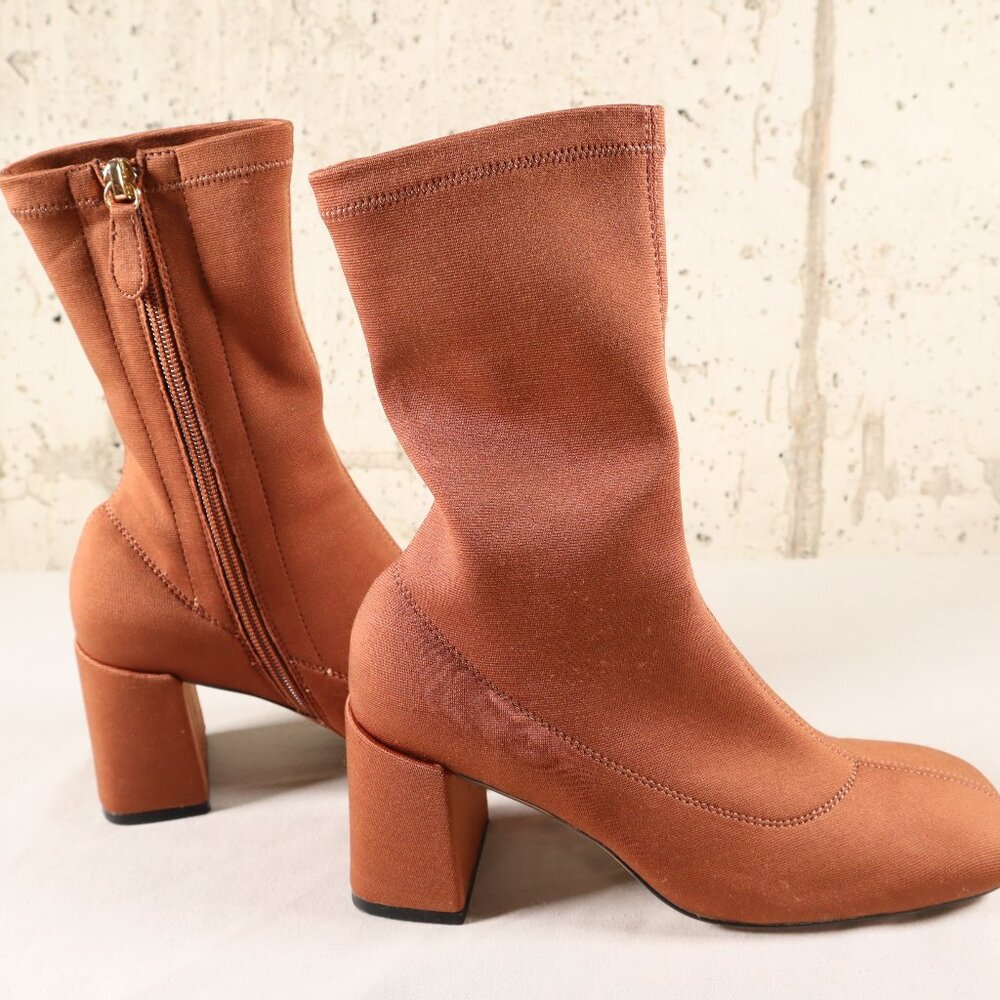 SILENT D TELLME Wpomens Boot Size EU 37 US 6.5 Dark Tan Stretch Fabric Side Zip